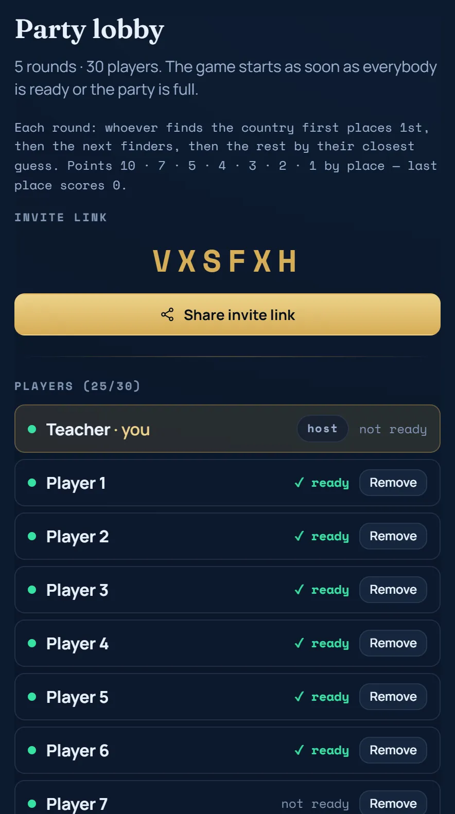 A party lobby with 25 of 30 players: the invite code, the Share invite link button, and each player marked ready or not ready with a Remove button for the host